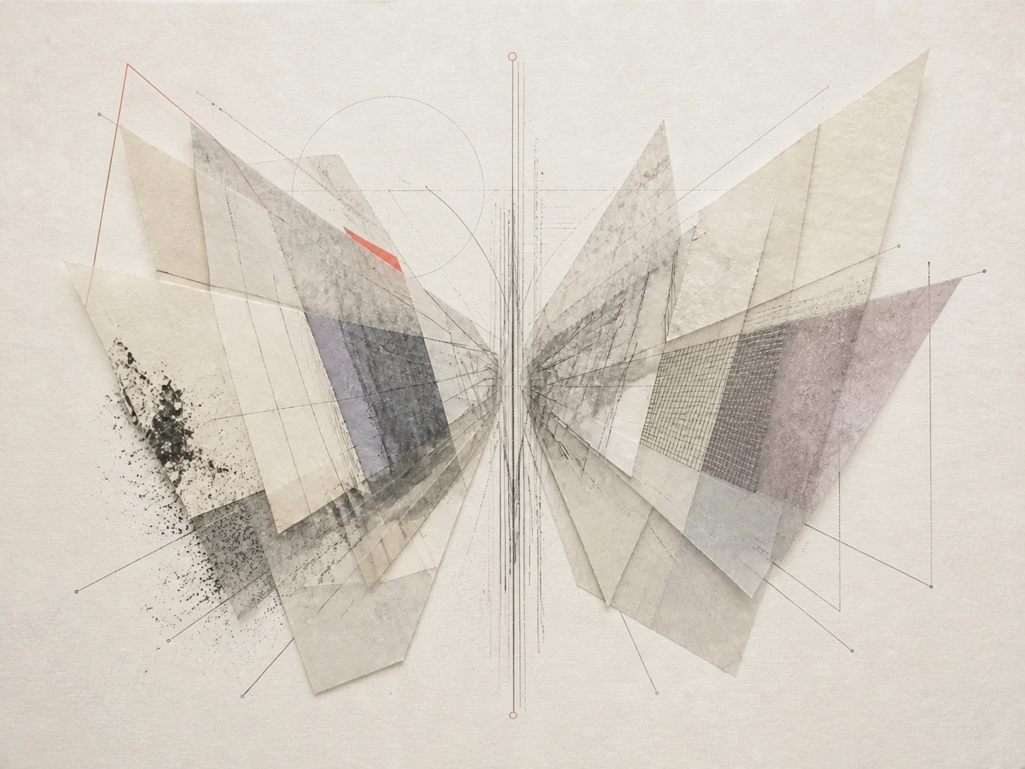 Abstract folded-paper butterfly form emerging from a warm architectural paper field